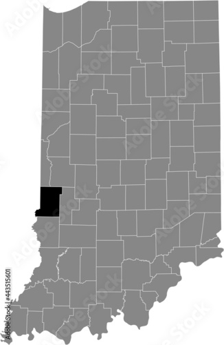 Black highlighted location map of the Hoosier Vigo County inside gray map of the Federal State of Indiana, USA