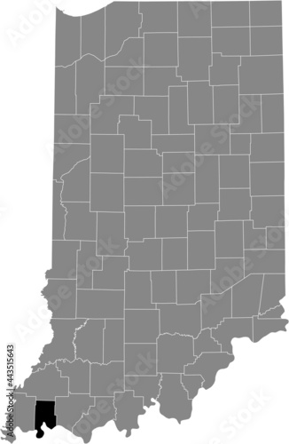 Black highlighted location map of the Hoosier Vanderburgh County inside gray map of the Federal State of Indiana, USA