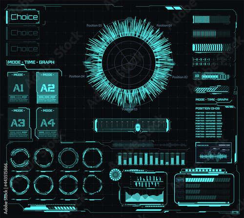 The future concept of a virtual touch user interface is cyberpunk in the style of HUD. A high-tech interactive screen with a control panel. Futuristic Hightech computer with graphs, data and buttons