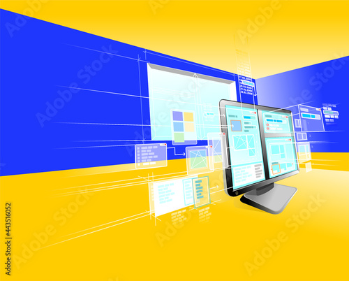 Modern Computer engendering process concept with different windows flying from display screen as a part of design project