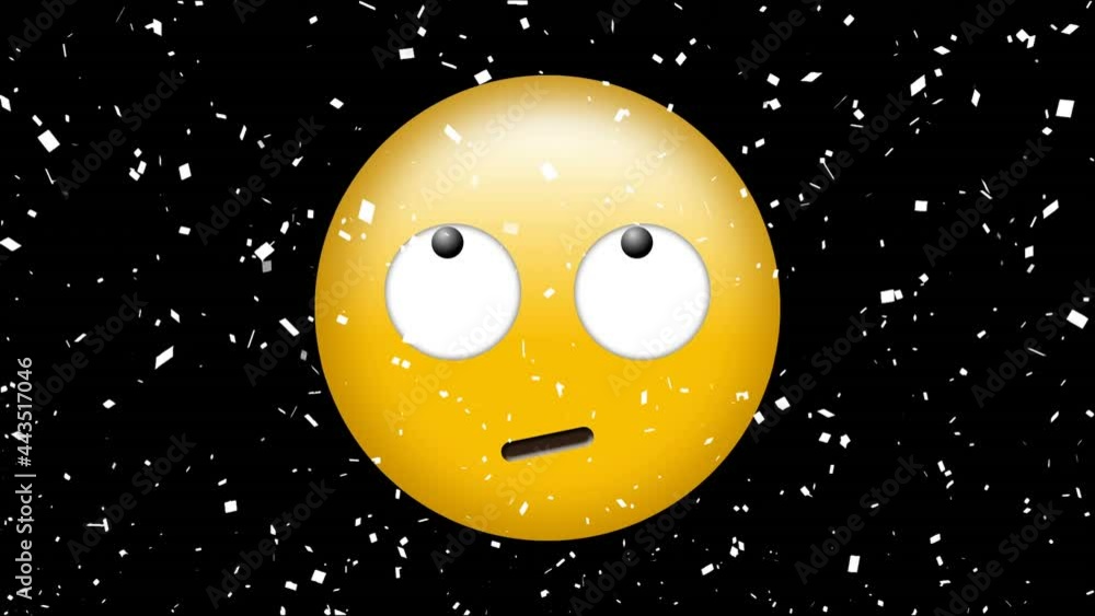Animation of scared emoji icon with falling confetti on black background Animation of scared emoji icon with falling confetti on black background