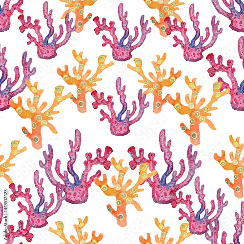 Corals pink and orange  hand watercolor  seamless pattern by the sea