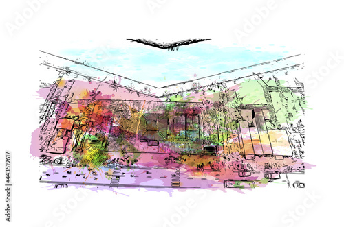 Building view with landmark of Hue is a city in central Vietnam. Watercolor splash with hand drawn sketch illustration in vector.