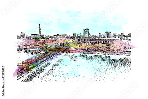 Building view with landmark of Hue is a city in central Vietnam. Watercolor splash with hand drawn sketch illustration in vector.
