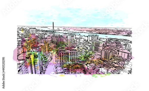 Building view with landmark of Hue is a city in central Vietnam. Watercolor splash with hand drawn sketch illustration in vector.