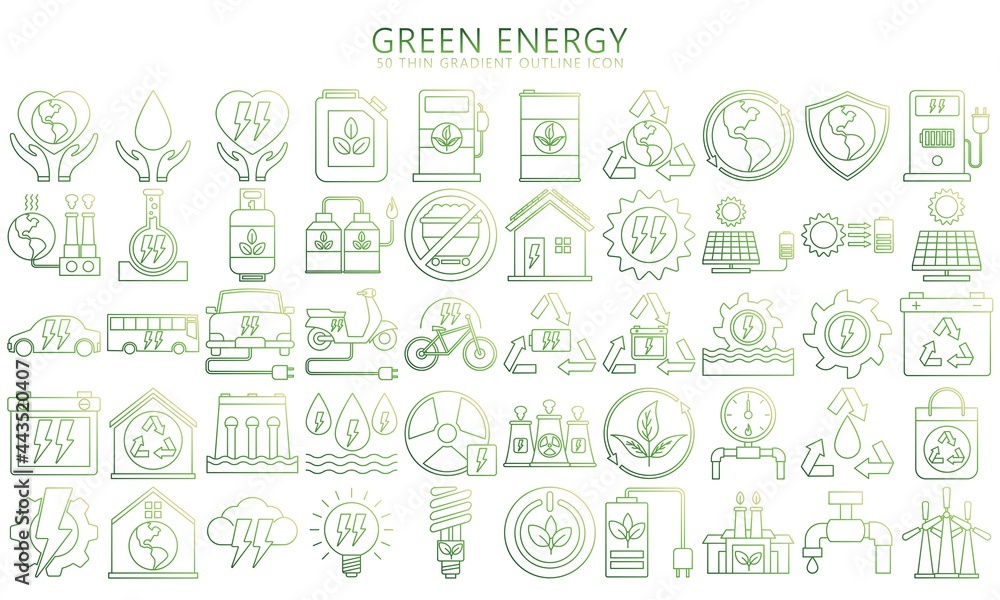 Set of gradation thin line icons Green energy, Vector illustration of alternative renewable energy sources, including solar, wind, hydro, tidal, geothermal and biomass, EPS 10 ready to convert to SVG.
