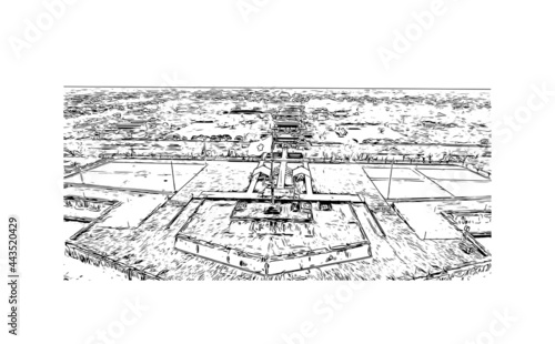 Building view with landmark of Hue is a city in central Vietnam. Hand drawn sketch illustration in vector.