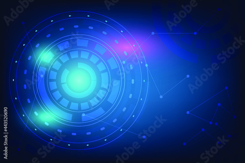 Blue circle rounded by color light and network connection and visualize of virtual world. Abstract background with blank space for desing in communication.
