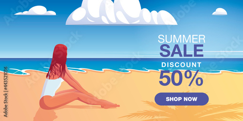 Vector Cartoon. Summer Sale Banner template design with woman wears bikini on the beach illustration