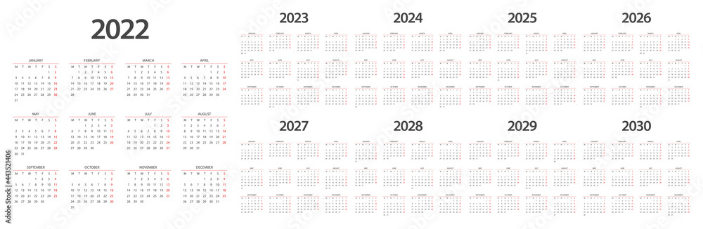 Calendar 2022 2023 2024 2025 2026 2027 2028 2029 2030 Week Start Monday 