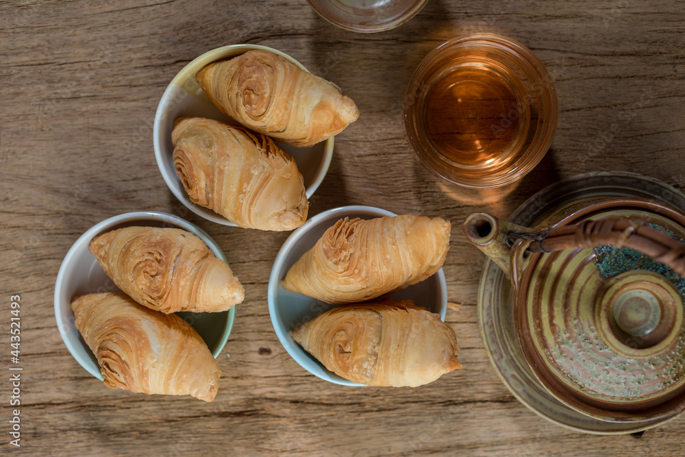 Set of curry puff on wood table Set of curry puff on wood table