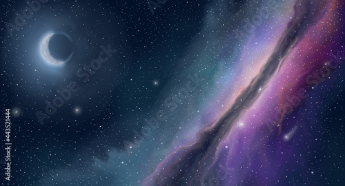 Fairy tale moon among starry sky and milky way nebula at night