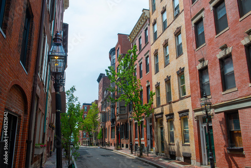 Historic Buildings on Garden Street at Myrtle Street on Beacon Hill, Boston, Massachusetts MA, USA.
