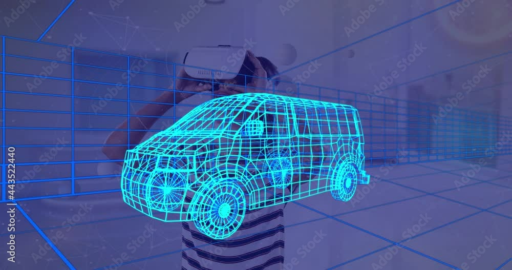 Animation of 3d technical drawing of van, over woman at home wearing vr headset Animation of 3d technical drawing of van, over woman at home wearing vr headset