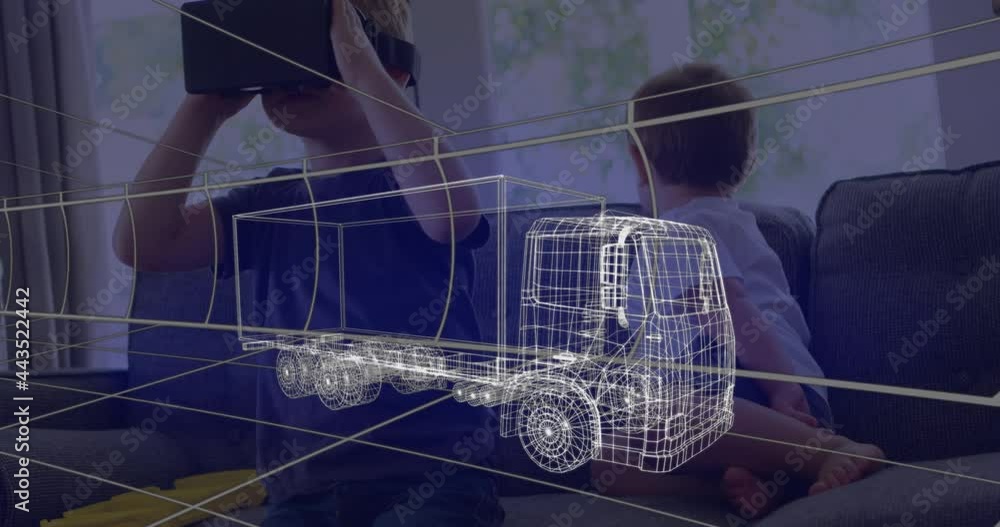 Animation of 3d technical drawing of truck, over boy at home wearing vr headset Animation of 3d technical drawing of truck, over boy at home wearing vr headset