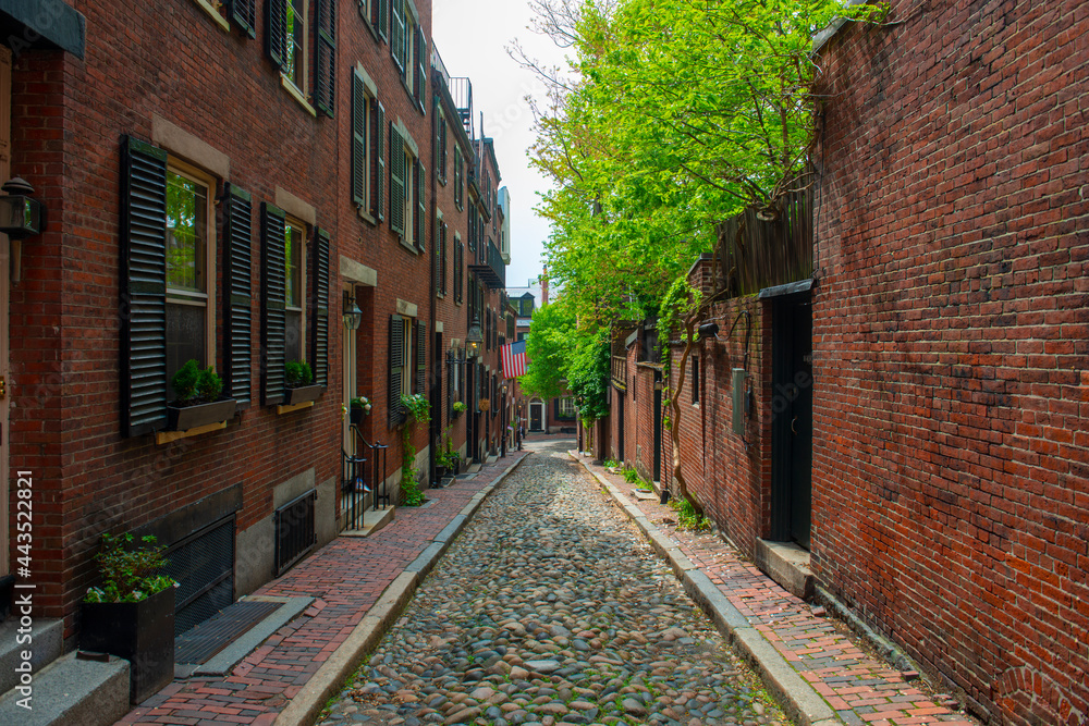 Acorn Street with cobblestone and historic row houses on Beacon Hill in historic city center of Boston, Massachusetts MA, USA. 