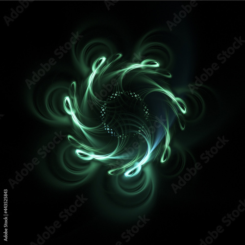 Green star-shaped glowing light flare effect isolated on black