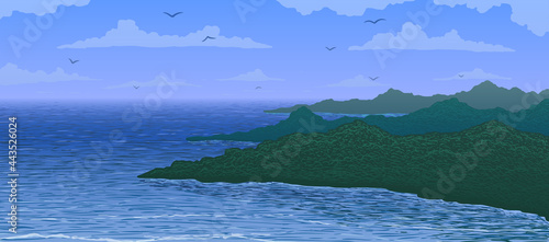Vector illustration. Aerial view of island bay in ocean