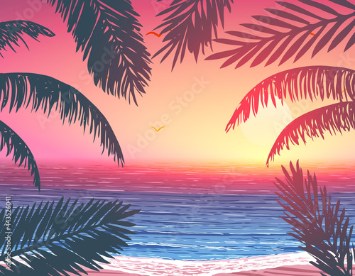 Vector palm trees leaves on ocean coast background at sunset © evgenii141