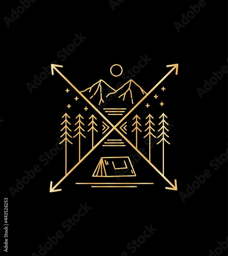 camp and mountains design in cross arrow frame