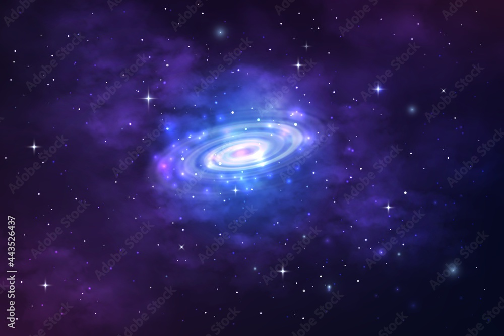Spiral galaxy in space nebula, stardust, starry universe. Vector cosmic background with realistic nebulosity and shining sparkling stars. Milky way spin, cosmos infinite, night sky astronomy wallpaper