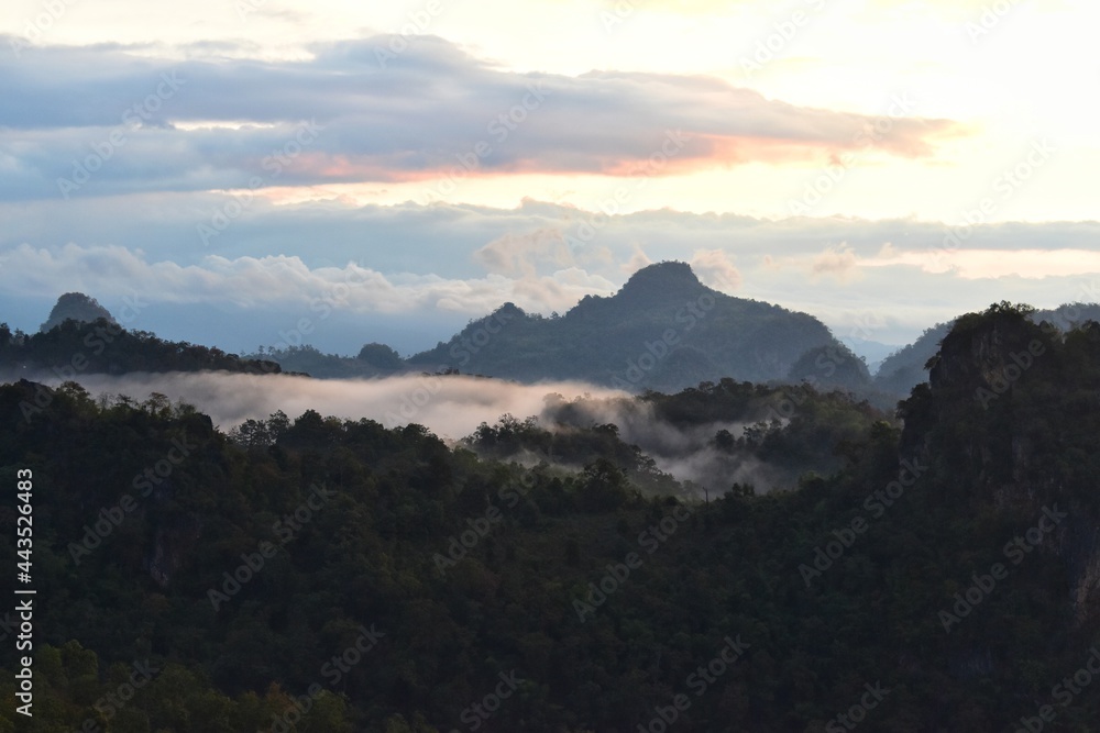 The scenery of the mountains and the fog at sunrise, feel fresh and relaxed. The scenery of the mountains and the fog at sunrise, feel fresh and relaxed.