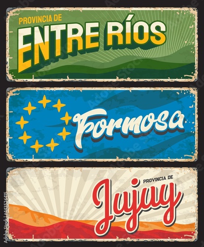 Formosa, Entre Rios and Jujuy regions, Argentine provinces vintage plates. Vector yellow stars, green river banks and Hill of seven colors, Argentina travel or tourism grunge signs and retro stickers photo