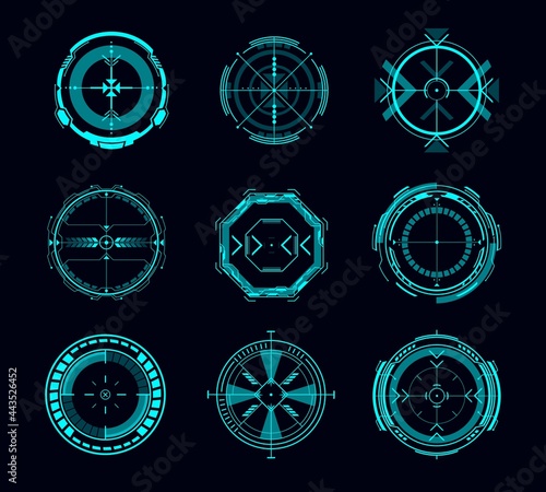 HUD aim control, futuristic target or navigation interface vector design of game ui or gui. Military crosshair, digital focus, sniper weapon scope and collimator sight screen, Sci Fi, shooting games photo
