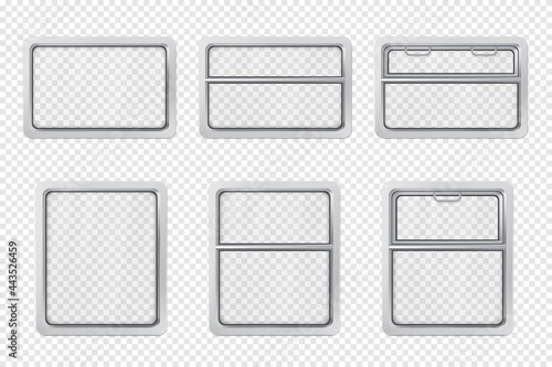 Train interior windows on transparent background. Realistic vector windows set of train, metro or subway passenger car with grey frames, glass, handles and black gaskets, railroad transport wagon