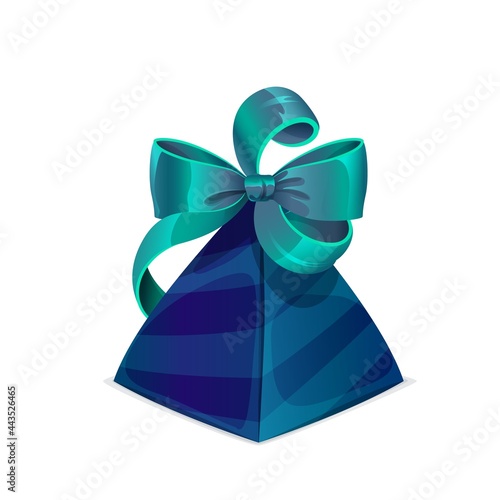 Gift box with bow, birthday or wedding present with blue and green ribbon, vector. Jewelry gift box present in wrapper, holiday celebration luxury gift package of triangle shape
