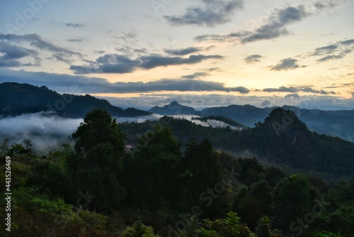 The scenery of the mountains and the fog at sunrise, feel fresh and relaxed.