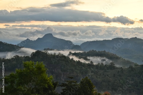 The scenery of the mountains and the fog at sunrise, feel fresh and relaxed.