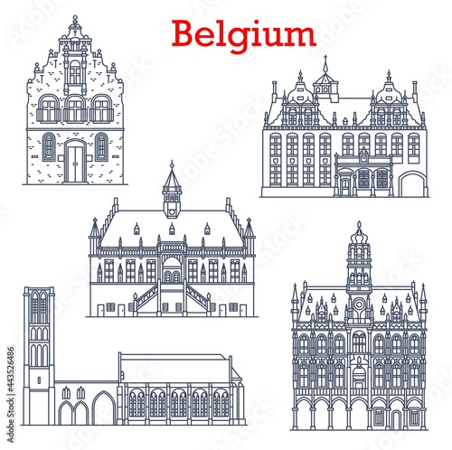 Belgium landmarks architecture  city sightseeing buildings  churches icon. Belgium travel landmark Notre Dame in Damme  Butcher Hall or Meat House Vleeshuis in Werne  town hall Stadthuis in Oudenaarde