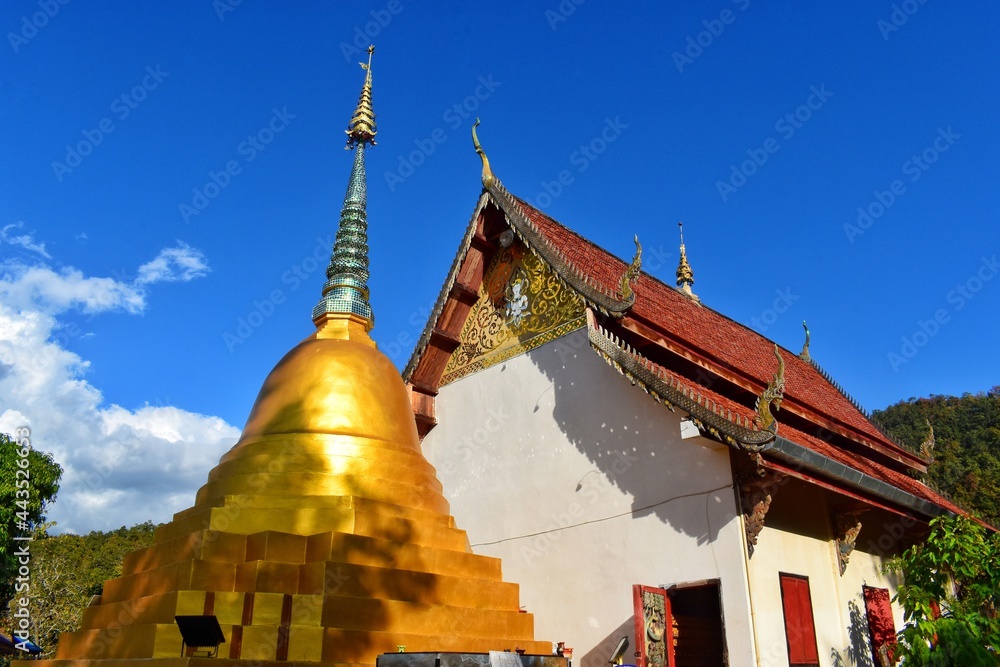 Phra That at Wat Phra That Mae Yen in Pai District, Mae Hong Son. Was repaired after the fire incident in the temple.