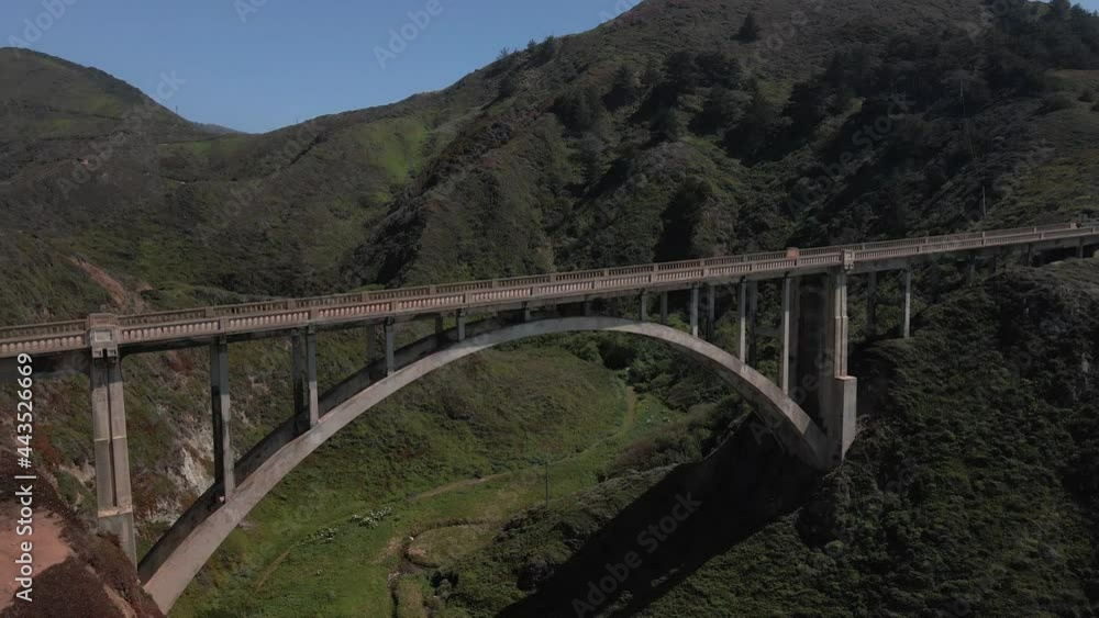 Bixby Creek Bridge, Revealing Drone Shot. Traffic on Landmark and State Route 1 With Big Sur Coastline, Monterey County, California USA Bixby Creek Bridge, Revealing Drone Shot. Traffic on Landmark and State Route 1 With Big Sur Coastline, Monterey County, California USA