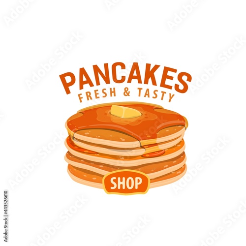 Pancakes icon. Street food cafe, shop or restaurant sweet dessert, breakfast traditional meal. Cartoon vector hot pancakes stack, drizzled with honey or marple syrup topping, piece of butter on top