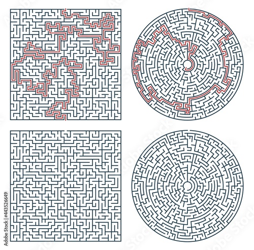 Labyrinth maze game. Vector puzzle with square and circle labyrinth. Find right way game, rebus, riddle or test, monochrome maze board game with red solution path, exit, entrance, deadlocks