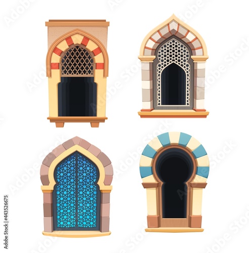 Windows of arabian castle or fortress interior vector design. Cartoon arched window apertures with carved lattices, decorated with arabesque pattern and islamic ornament, oriental architecture photo