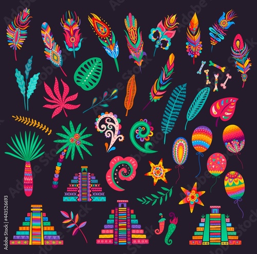 Mexican feathers, bones and palms, pyramids and flowers, chilli peppers, leaves and balloons. Mexican holiday, fiesta party or festival vector design elements with bright floral patterns