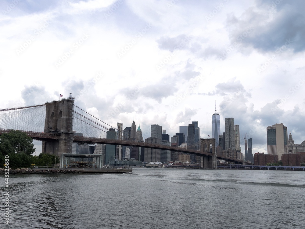 Panoramic view of Brooklyn Bridge and Manhattan skyline in New York City