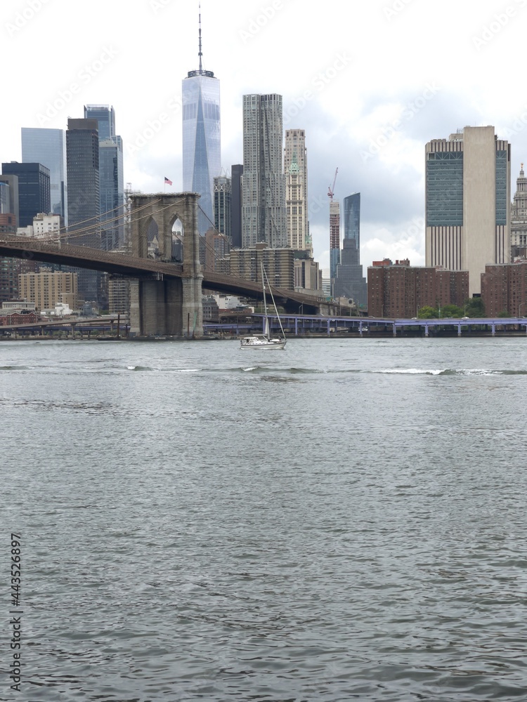Panoramic view of Brooklyn Bridge and Manhattan skyline in New York City