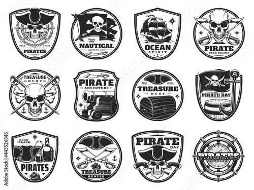 Piracy and pirate heraldic icons, vector Jolly Roger skulls or skeleton heads, black flag, cannon and guns. Captain tricorn, chest with treasure, crossed bones and filibusters swords isolated symbols