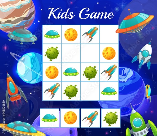 Puzzle game with space shuttles. Vector kids riddle with cartoon rockets, alien ufo saucers and planets on chequered cosmic board. Educational sudoku task, children sparetime boardgame teaser for play