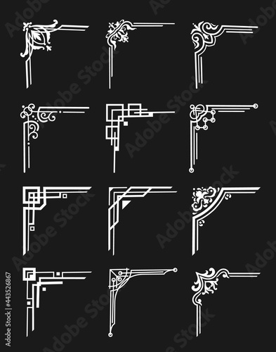 Art deco border corners, vector dividers set. Flourish and ornate decorations, wedding invitation or greeting cards design elements. Oriental or victorian patterns, frames with flowers and lines