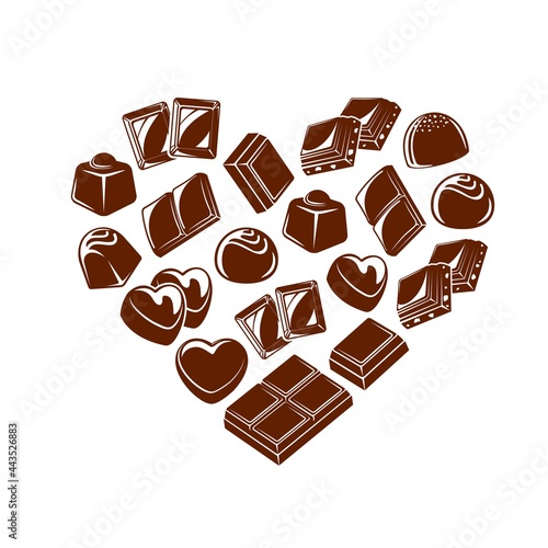 Chocolate bar pieces and candies heart. Chocolate truffle and bonbon with praline and toppings, vector bars with nut filling. Valentine holiday, wedding anniversary or birthday celebration background