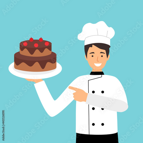 Proud chef with plate of chocolate cake for customer in hotel restaurant. Bakery chef character concept.