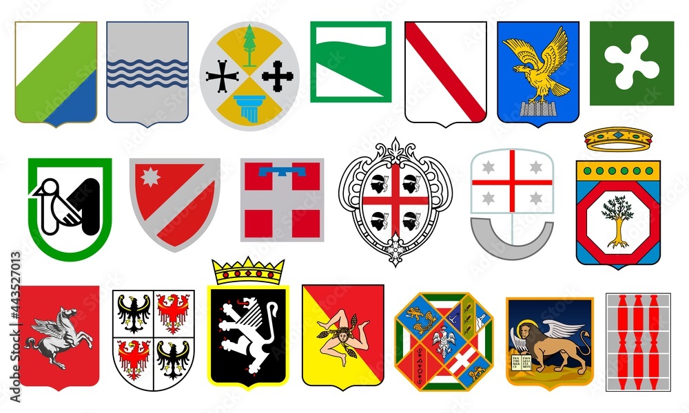 Italian regions heraldry, Italy provinces coat of arms. Abruzzo, Basilicata and Calabria vector blazon, Emilia-Romagna, Friuli-Venezia Giulia, Lazio and Liguria, Lombardia, Marche and Molise, Piemonte