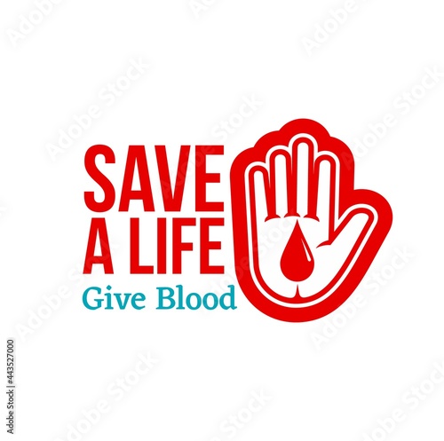 Donate blood vector icon with isolated donor hand and red drop of blood. Transfusion medicine, medical laboratory and health care center emblems design or hematology science themes