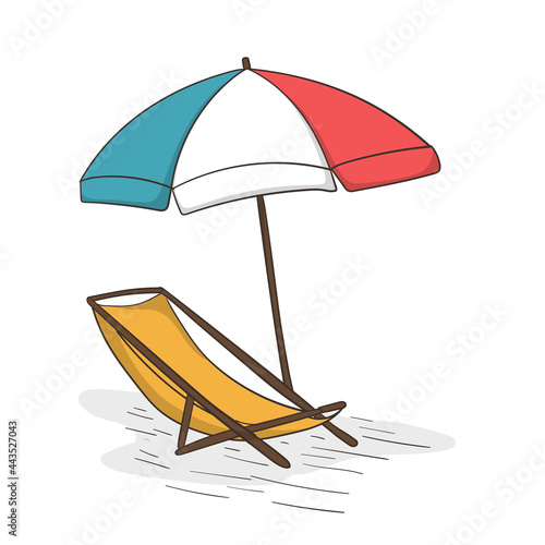 Hand drawn Sun loungers and a beach umbrella on a deserted beach