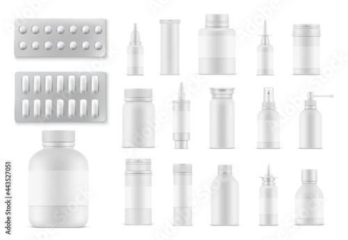 Pills and medicaments realistic bottles and packages. Vector medicine blister packs, sprayers, tablets and capsules mockup. Painkillers, remedy design elements for medical advertising isolated 3d set